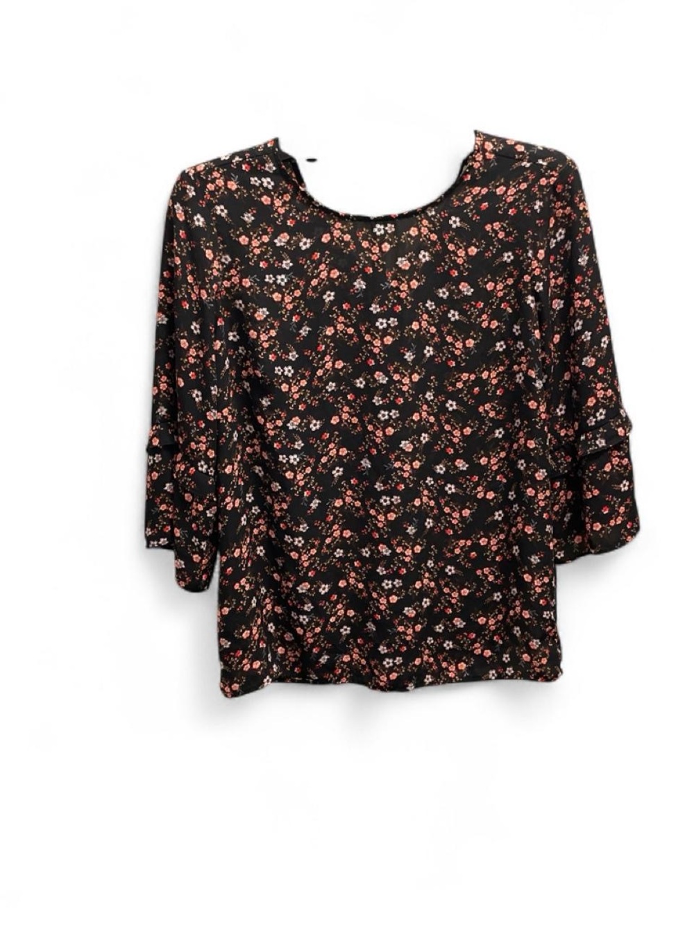 DR2 Black Floral Scoop Neck Blouse with Pink Accents